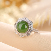 Buddha Stones 925 Sterling Silver Hetian Cyan Jade Flower Design Luck Adjustable Ring Ring BS 1