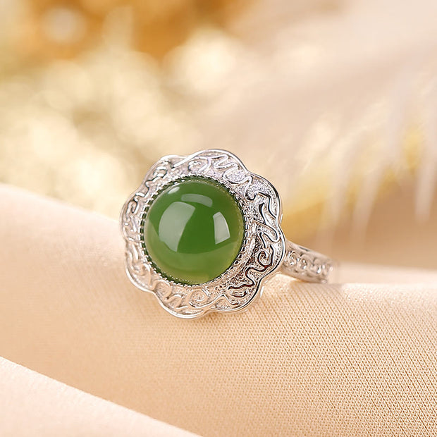 Buddha Stones 925 Sterling Silver Hetian Cyan Jade Flower Design Luck Adjustable Ring Ring BS 1