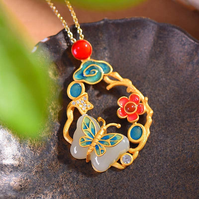 Buddha Stones White Jade Flower Butterfly Happiness Necklace Pendant Necklaces & Pendants BS White Jade ( Protection ♥ Happiness)