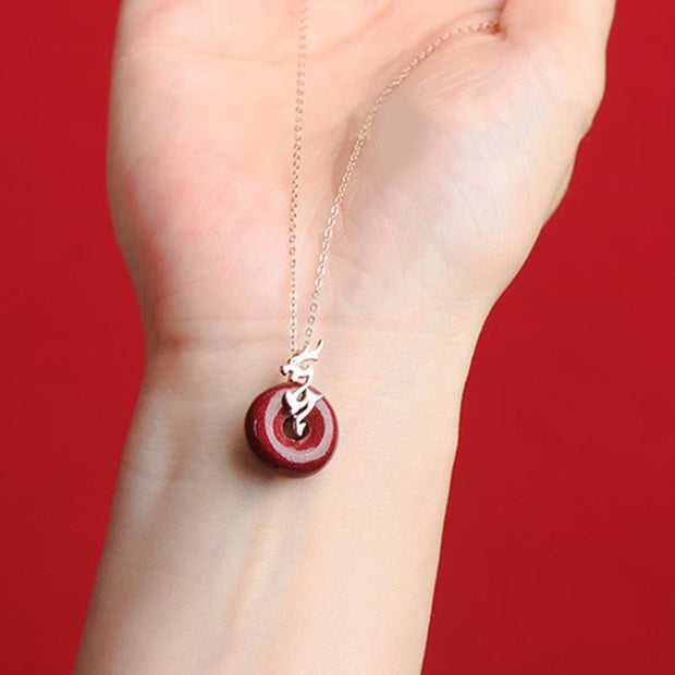 Buddha Stones Year of the Dragon 925 Sterling Silver Natural Cinnabar Peace Buckle Luck Necklace Pendant