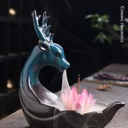 Buddha Stones Little Deer Ceramic Lotus Meditation Incense Burner Decoration Decorations Incense Burner BS 4