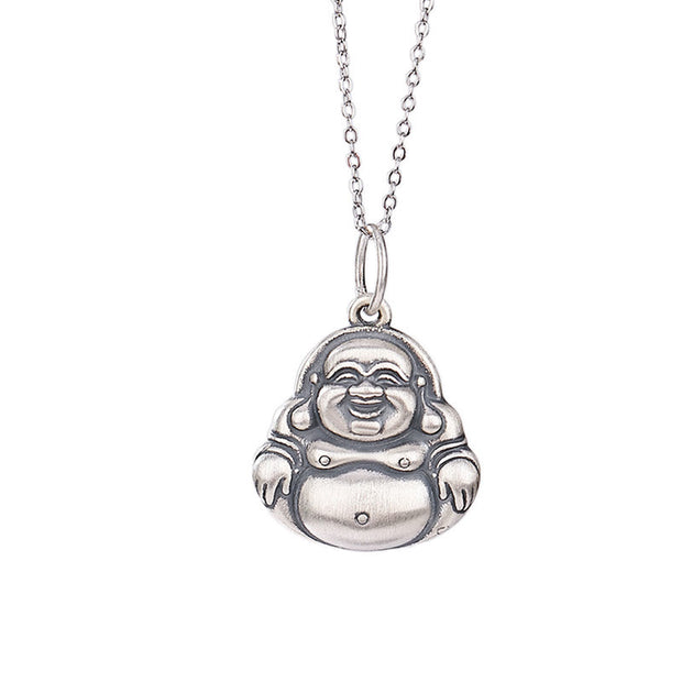 Buddha Stones 990 Sterling Silver Laughing Buddha Lotus Engraved Wealth Luck Necklace Pendant Necklaces & Pendants BS 5