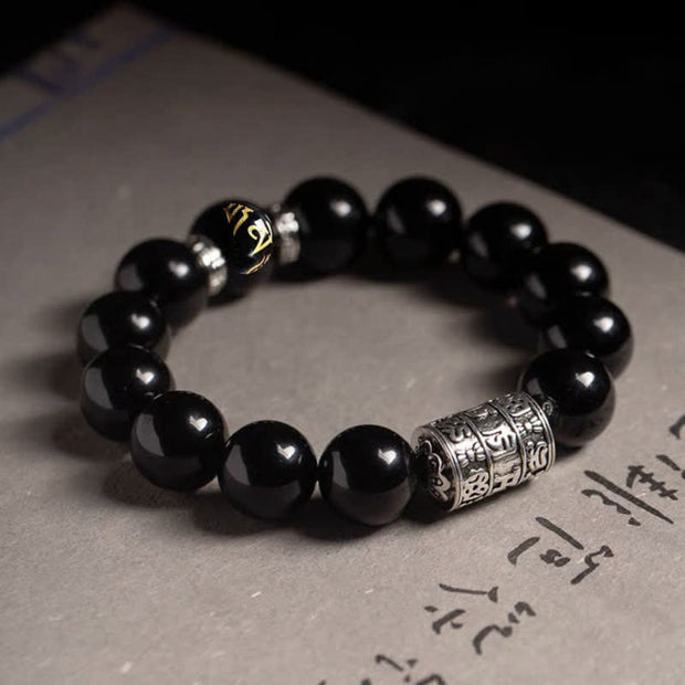 Buddha Stones Black Obsidian Om Mani Padme Hum Transformation Bracelet Bracelet BS 12mm Silver