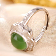 Buddha Stones 925 Sterling Silver Hetian Cyan Jade Flower Design Luck Adjustable Ring Ring BS 4