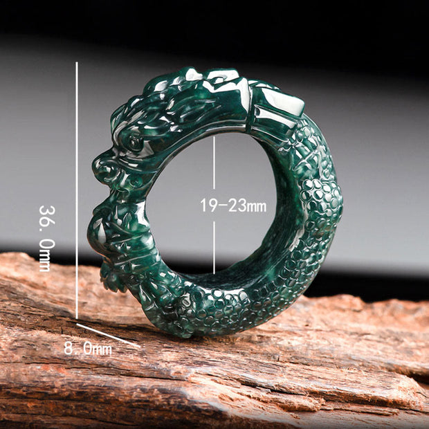 Buddha Stones Natural Cyan Jade Dragon Carved Success Ring Ring BS 8