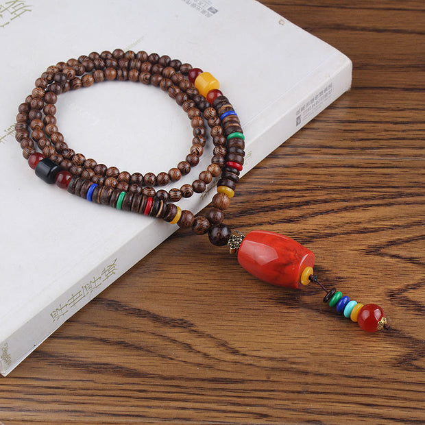 Buddha Stones Tibetan Wenge Wood Bodhi Seed Agate Balance Peace Necklace Pendant Necklaces & Pendants BS Wenge Wood&Red Resin Cylinder