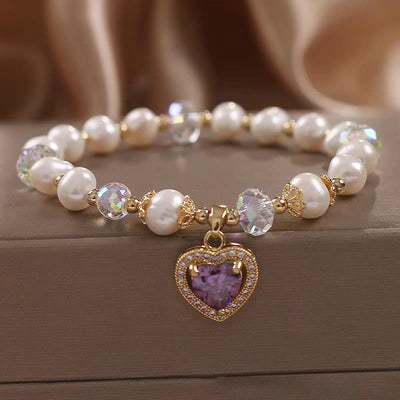 Buddha Stones Natural Pearl Amethyst Love Heart Healing Charm Bracelet