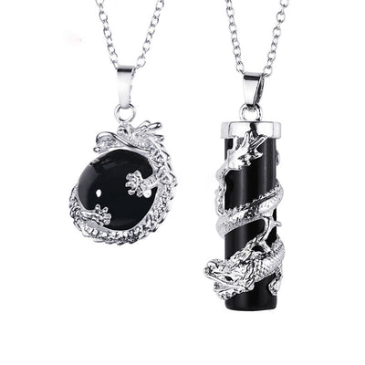 Buddha Stones 2pc Dragon Wrapped Round Ball Gemstone Couple Necklace Pendant Necklaces & Pendants BS Black Onyx