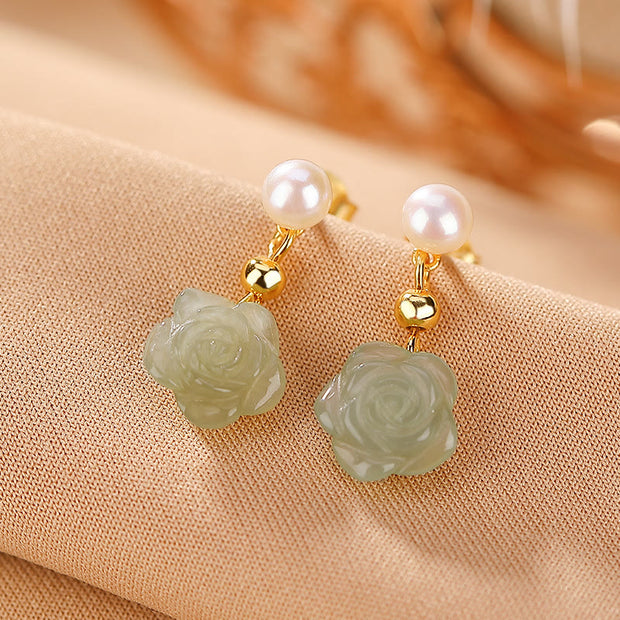 Buddha Stones 925 Sterling Silver Plated Gold Jade Rose Flower Cyan Jade Pearl Luck Earrings Earrings BS Hetian Cyan Jade Pearl