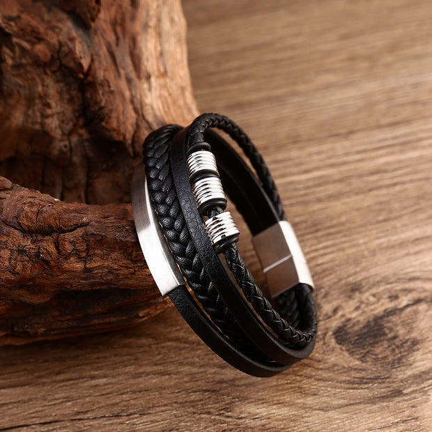 Buddha Stones Leather Multi-Layer Titanium Steel Balance Braided Magnetic Buckle Bracelet