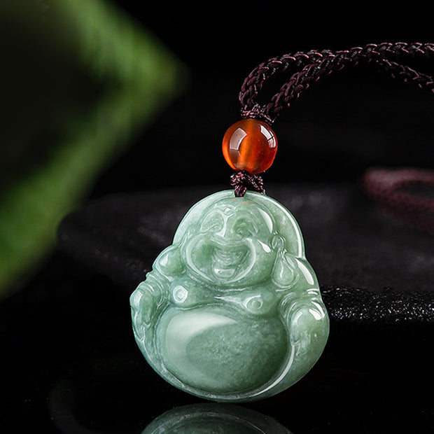 Buddha Stones Laughing Buddha Cyan Jade Success Necklace String Pendant