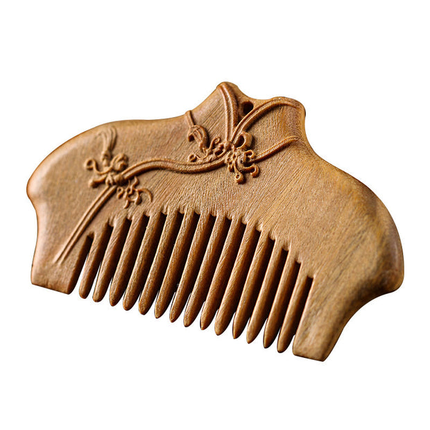 Buddha Stones Green Sandalwood Flower Pattern Engraved Soothing Comb Comb BS 8
