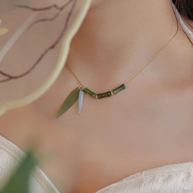 Buddha Stones Bamboo Leaf Jade Design Wealth Necklace Pendant Necklaces & Pendants BS 7
