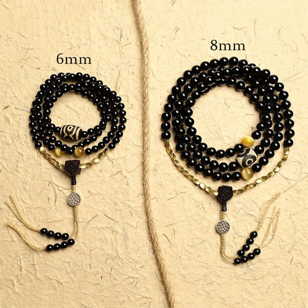Buddha Stones Tibetan 108 Mala Beads Black Onyx Three-eyed Dzi Beads Protection Bracelet Mala Bracelet BS 16