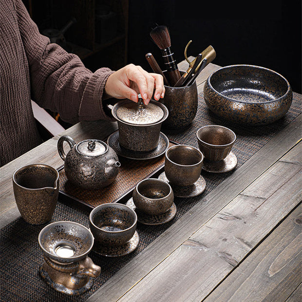 Buddha Stones Retro Rust Glaze Ceramic Gaiwan Sancai Teacup Kung Fu Tea Cup And Saucer With Lid