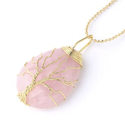Buddha Stones Natural Quartz Crystal Tree Of Life Healing Energy Necklace Pendant Necklaces & Pendants BS Pink Crystal Gold Tree