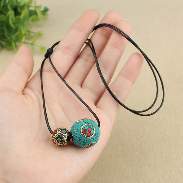 Buddha Stones Tibetan Turquoise Double Bead Protection Strength Necklace Pendant Necklaces & Pendants BS 9