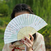 Buddha Stones Classic Birds Singing Flowers Handheld Silk Bamboo Folding Fan