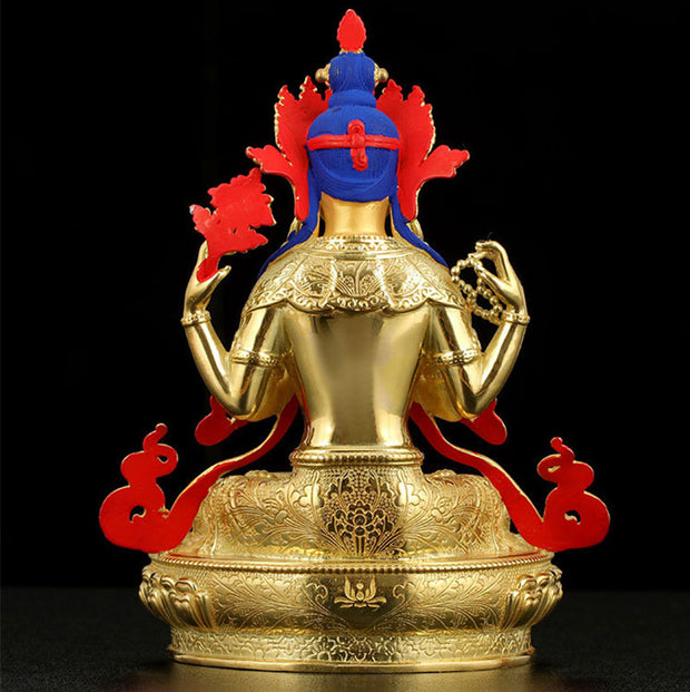 Buddha Stones Chenrezig Four-armed Avalokitesvara Protection Copper Gold Plated Statue Decoration Decorations BS 7