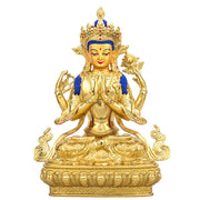 Buddha Stones Chenrezig Four-armed Avalokitesvara Protection Copper Gold Plated Statue Decoration
