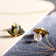 Buddha Stones 925 Sterling Silver Hetian Cyan Jade Lotus Flower Success Earrings Earrings BS 2