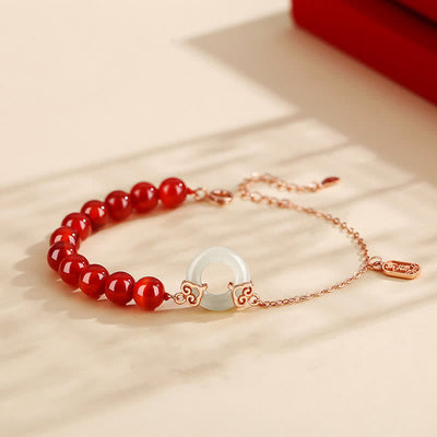 Buddha Stones 925 Sterling Silver Natural Red Agate White Jade Peace Buckle Confidence Bracelet Bracelet BS Red Agate(Confidence♥Calm)