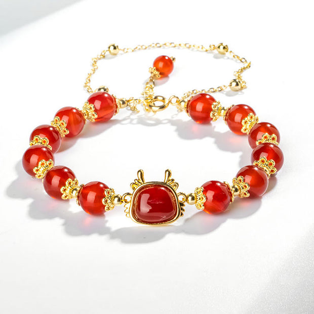 Buddha Stones Year Of The Dragon Natural Red Agate Black Onyx Luck Fu Character Bracelet Bracelet BS Red Agate Dragon(Wrist Circumference 14-19cm)