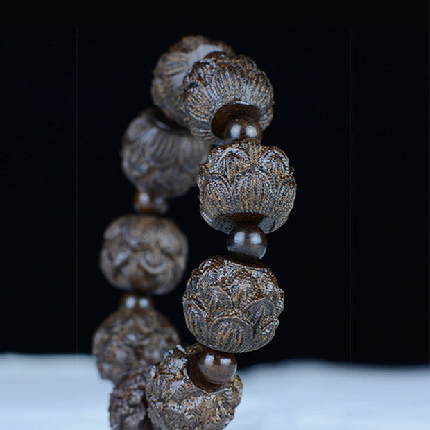 Buddha Stones Ebony Wood Eighteen Arhats Lotus Dragon Engraved Balance Bracelet Bracelet BS 9