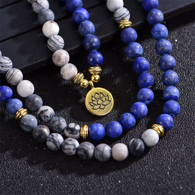 Buddha Stones Lazurite Picasso Jasper Amazonite Rhodonite Apatite Positive Lotus Prayer Bead Bracelet