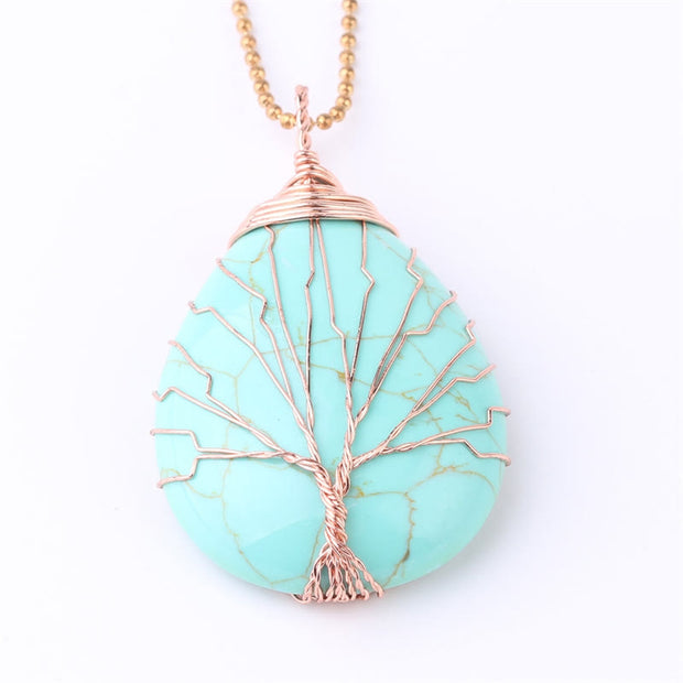 Buddha Stones Natural Quartz Crystal Tree Of Life Healing Energy Necklace Pendant Necklaces & Pendants BS Turquoise Rose Gold Tree
