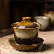 Buddha Stones Vintage Brown Kiln Change Design Porcelain Ceramic Gaiwan Sancai Teacup Kung Fu Tea Cup And Saucer With Lid