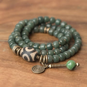 Buddha Stones Cyan Bodhi Seed Dzi Bead Wisdom Peace Triple Wrap Bracelet