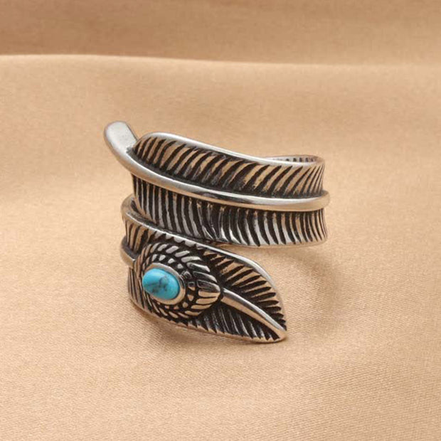 Buddha Stones Turquoise Titanium Steel Feather Wisdom Protection Ring Ring BS 1
