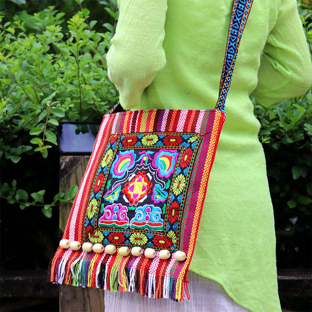 Buddha Stones Tibetan Handmade Embroidered Camellia Canvas Shoulder Bag Crossbody Bag Crossbody Bag BS 16
