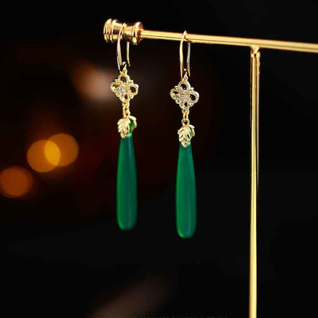 Buddha Stones 925 Sterling Silver Natural Green Agate White Agate Success Drop Earrings Earrings BS 5