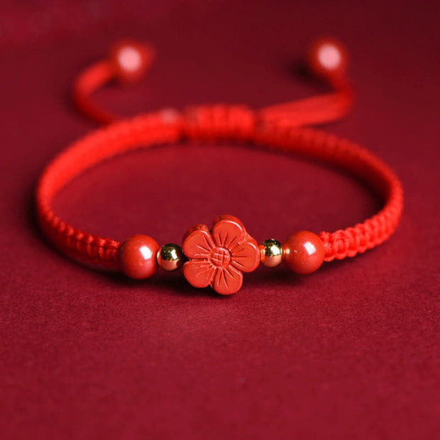 Buddha Stones Four Leaf Clover Five-petal Flower Cinnabar Blessing Red String Bracelet Bracelet BS Red Cinnabar Happiness Five-petal Flower(Wrist Circumference 15-19cm)
