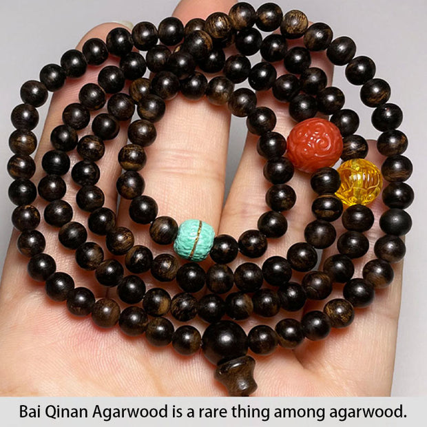 Buddha Stones Nha Trang Bai Qinan Agarwood Turquoise Amber Red Agate Strength Meditation Bracelet Bracelet BS 11