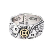 Buddha Stones Retro Carp Koi Fish Copper Coin Success Wealth Ring