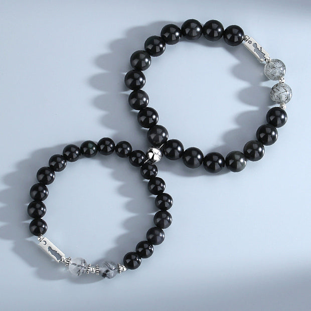 Buddha Stones 2pcs 925 Sterling Silver Obsidian Strength Magnetic Couple Bracelet