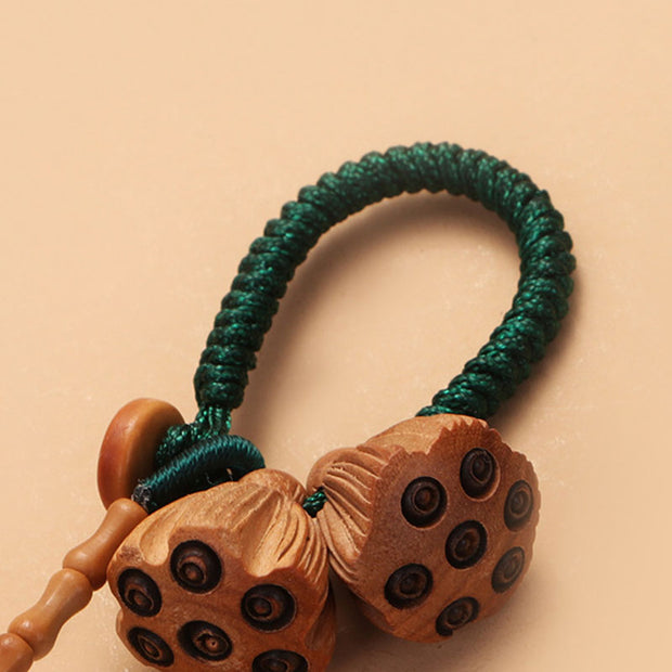 Buddha Stones Lotus Natural White Bodhi Seed Peach Wood Luck Keychain Decoration Decoration BS 3