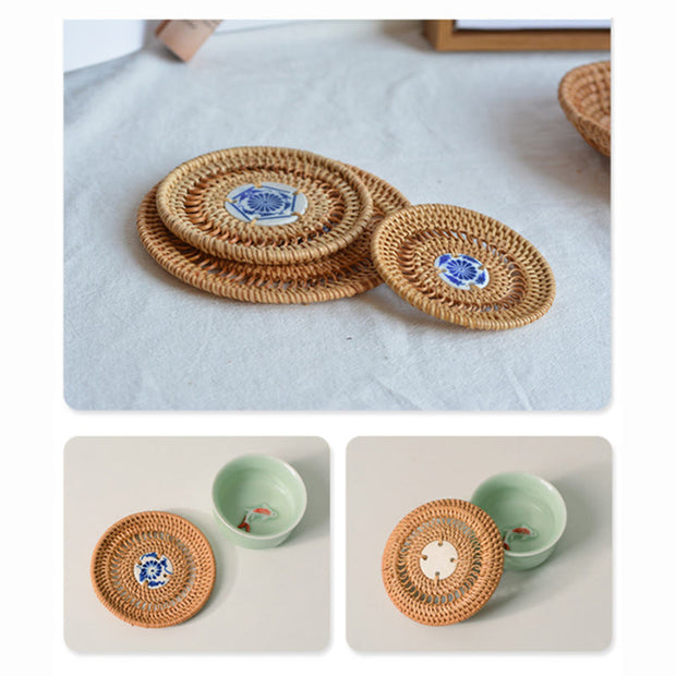 Buddha Stones Ceramic Flower Pattern Rattan Cup Mat Tea Cup Coaster
