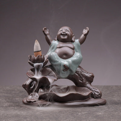 Buddha Stones Little Monk Ceramic Lotus Blessing Incense Burner Decoration Decorations Incense Burner BS main