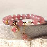 Buddha Stones Strawberry Quartz Pearl Four Leaf Clover Charm Healing Bracelet