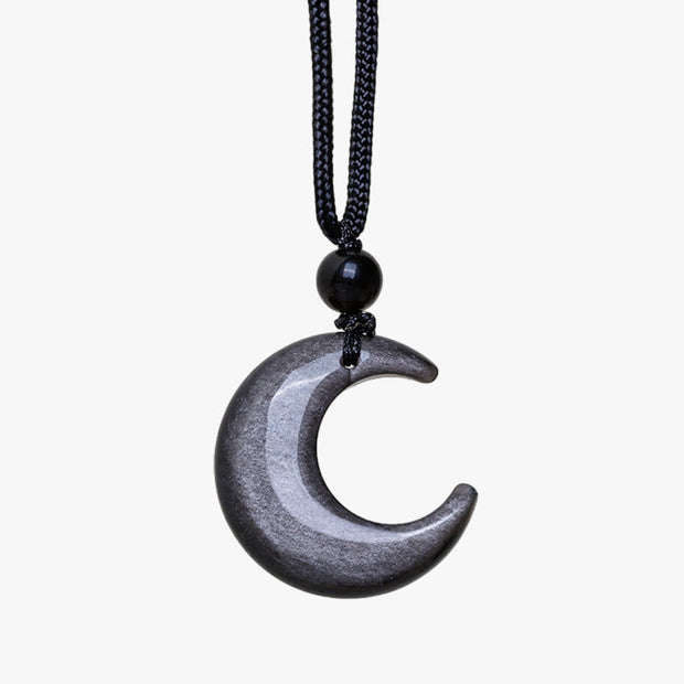 Buddha Stones Natural Silver Sheen Obsidian Selenite Crystal Crescent Moon Yin Yang Couple Protection Necklace Pendant Necklaces & Pendants BS 7