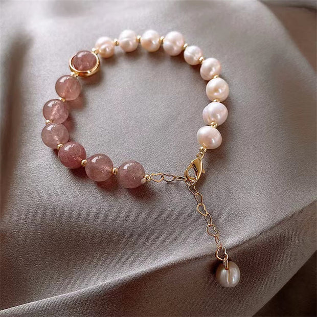 Buddha Stones Natural Strawberry Quartz Pearl Love Positive Chain Bracelet