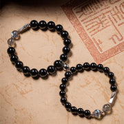 Buddha Stones 925 Sterling Silver Obsidian Moonstone Strength Couple Bracelet
