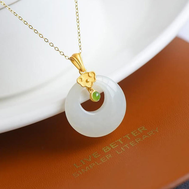 Buddha Stones Round White Jade Wishful Auspicious Cloud Blessing Luck Necklace Pendant Necklaces & Pendants BS 1