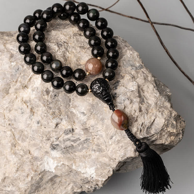 Buddha Stones Black Obsidian Lion Strength Tassel Wrist Mala
