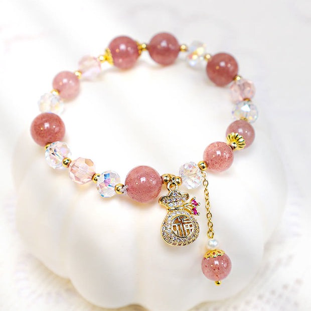 Buddha Stones Natural Strawberry Quartz Crystal Money Bag Charm Positive Bracelet Bracelet BS 4