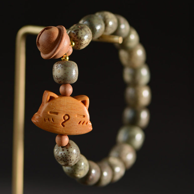Buddha Stones Bodhi Seed Sandalwood Cat Peach Wood Bell Peace Harmony Bracelet